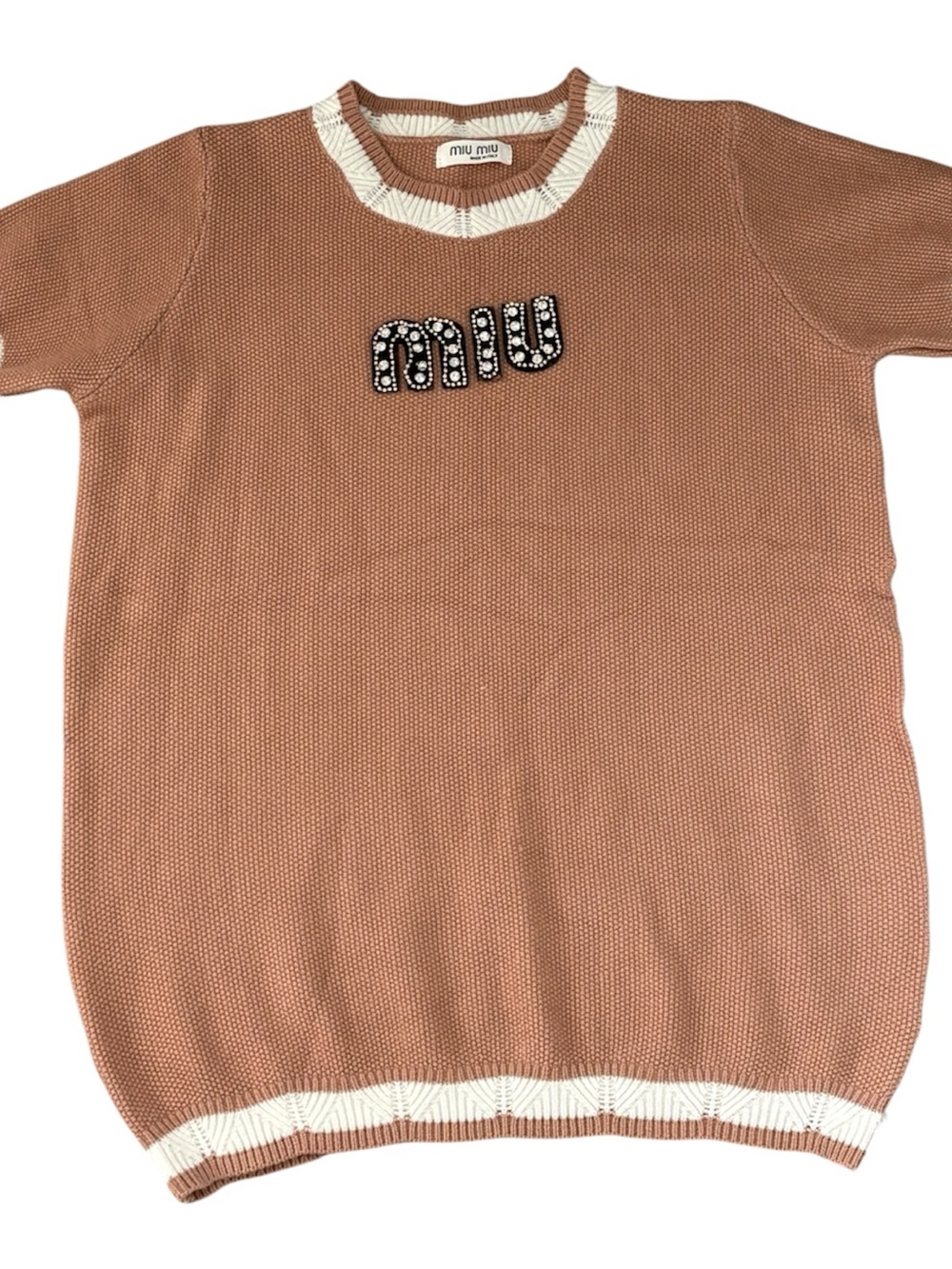Miu Miu Brown Knit Short Sleeve Crewneck Pullover Sweater Embroidered Logo S/M